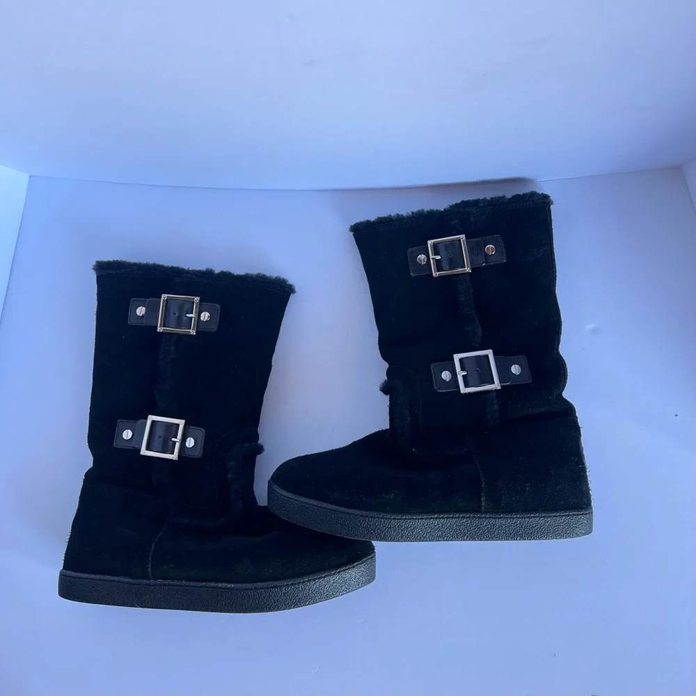 Tory Burch Black Suede Shearling-Lined‎ Buckle Ankle Boots